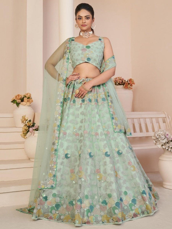 Turquoise Thread Work Net Designer Lehenga Choli