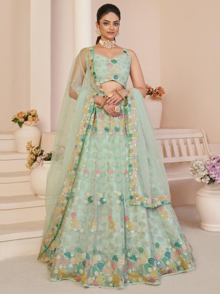 Turquoise Thread Work Net Designer Lehenga Choli
