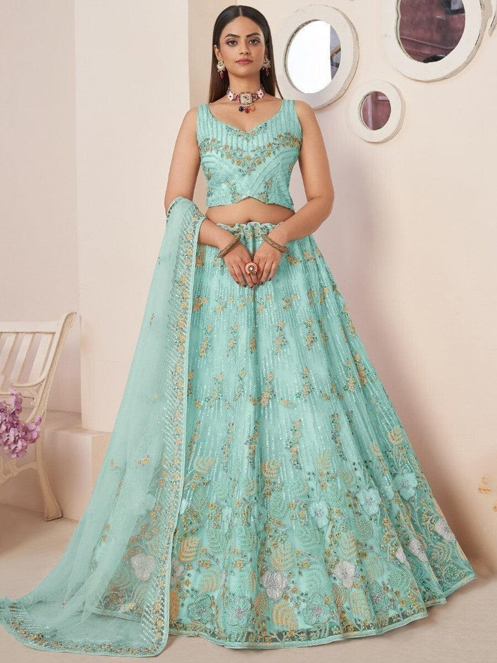 Turquoise Thread Work Net Reception Lehenga Choli