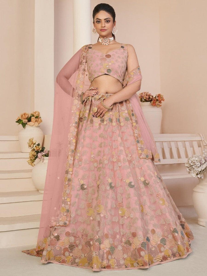 Pink Sequins Work Net Wedding Wear Lehenga Choli With Dupatta