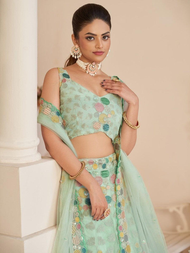 Turquoise Thread Work Net Designer Lehenga Choli