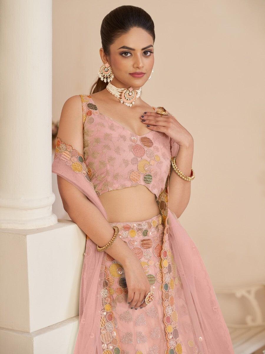 Pink Sequins Work Net Wedding Wear Lehenga Choli With Dupatta