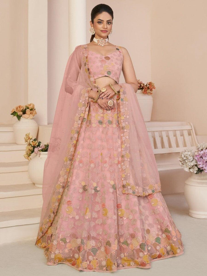 Pink Sequins Work Net Wedding Wear Lehenga Choli With Dupatta