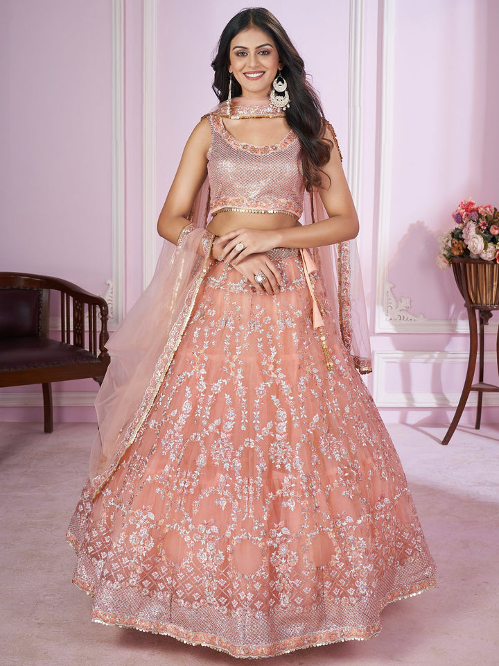 Peach Sequins Net Bridesmaid Lehenga Choli With Dupatta