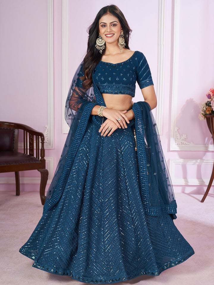 Teal Blue Sequins Georgette Designer Lehenga Choli