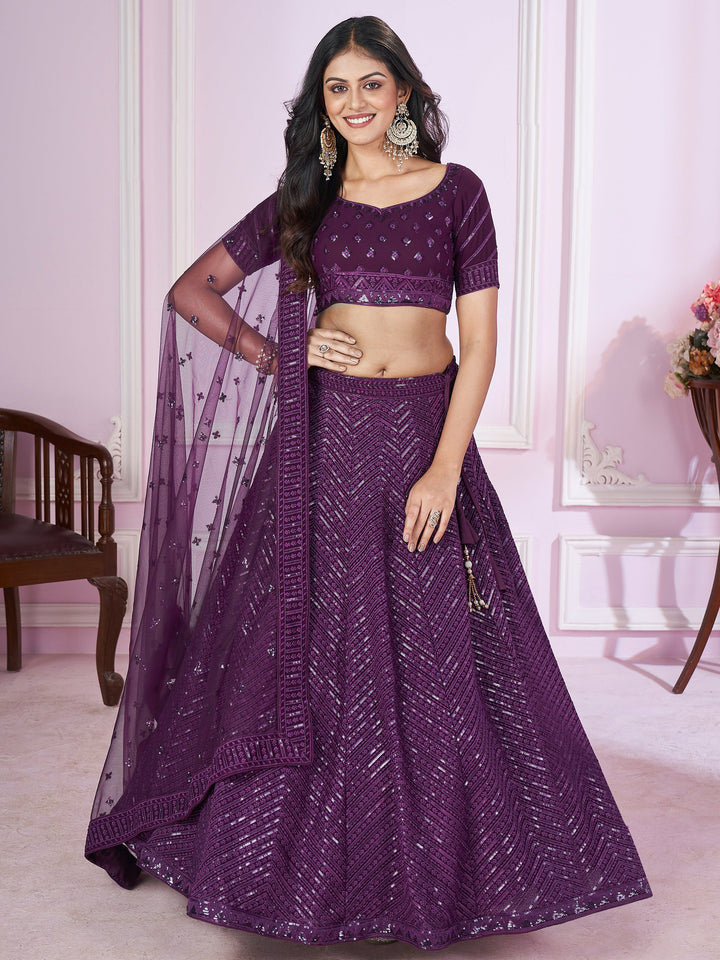 Purple Sequins Georgette Reception Wear Lehenga Choli