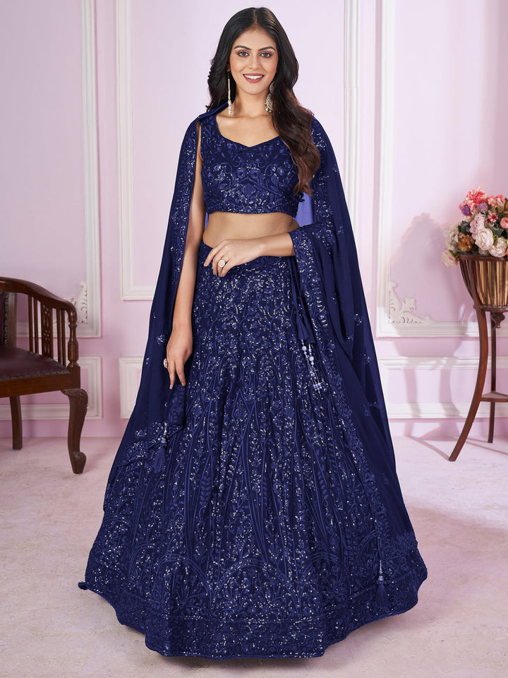 Blue Sequins Georgette Engagement Wear Lehenga Choli