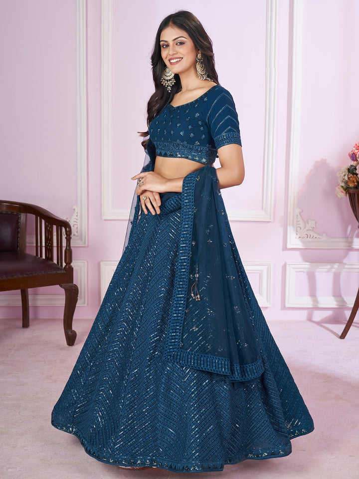 Teal Blue Sequins Georgette Designer Lehenga Choli