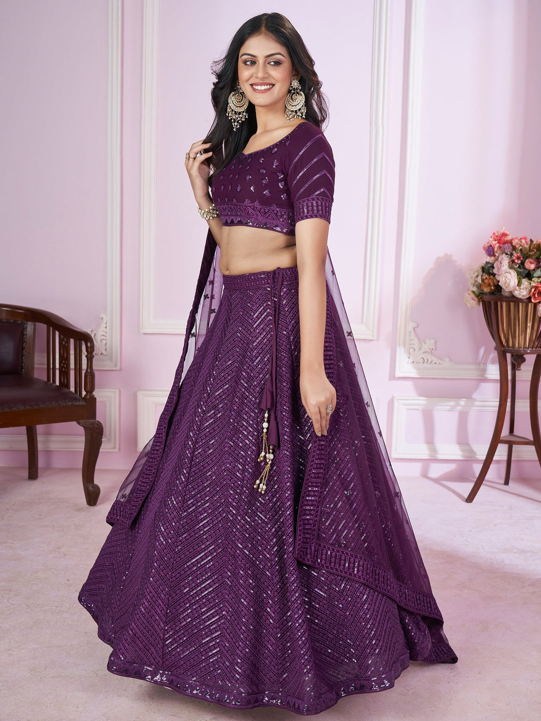 Purple Sequins Georgette Reception Wear Lehenga Choli