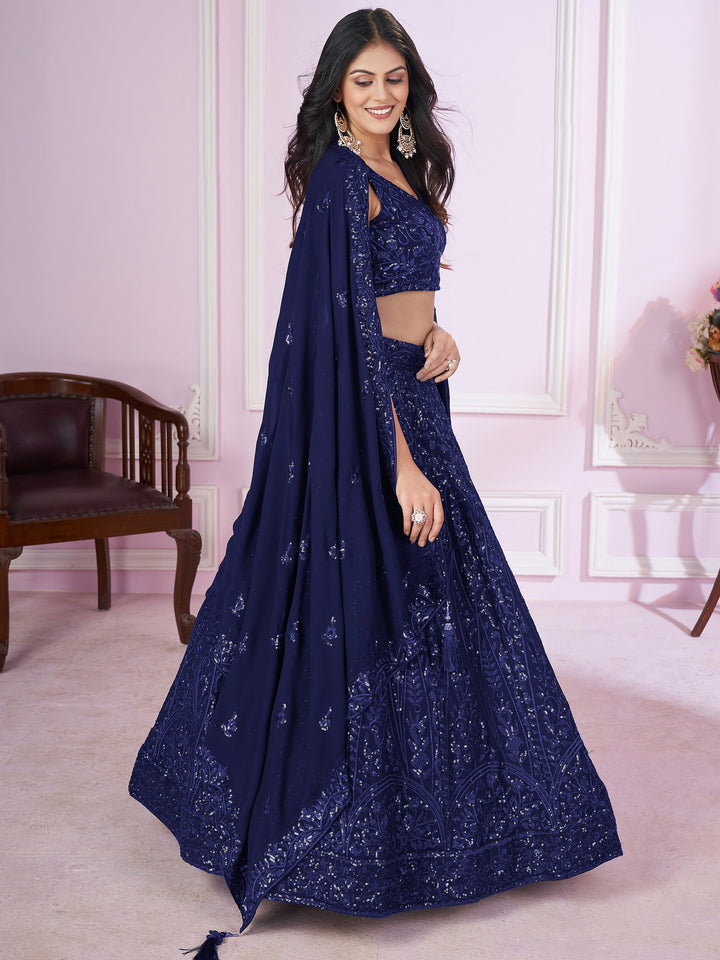 Blue Sequins Georgette Engagement Wear Lehenga Choli