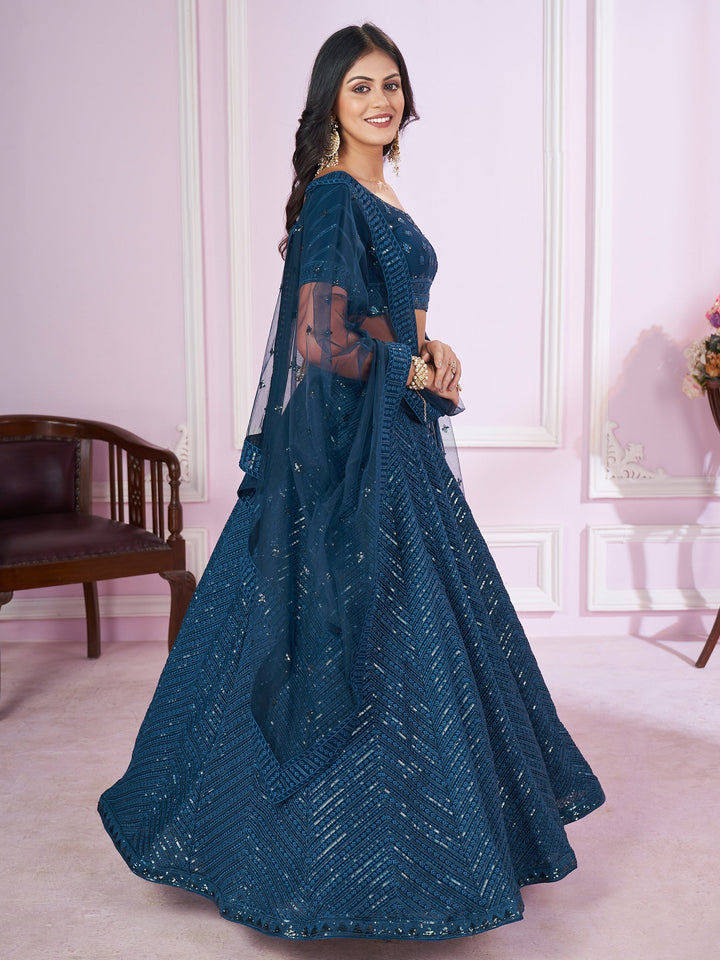 Teal Blue Sequins Georgette Designer Lehenga Choli