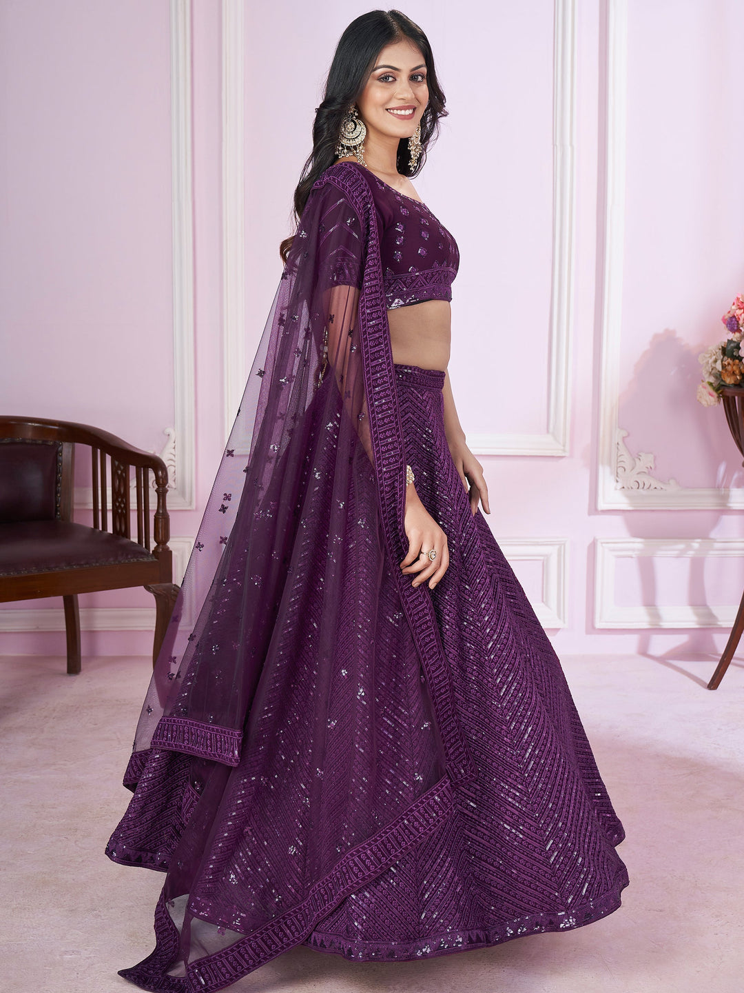 Purple Sequins Georgette Reception Wear Lehenga Choli