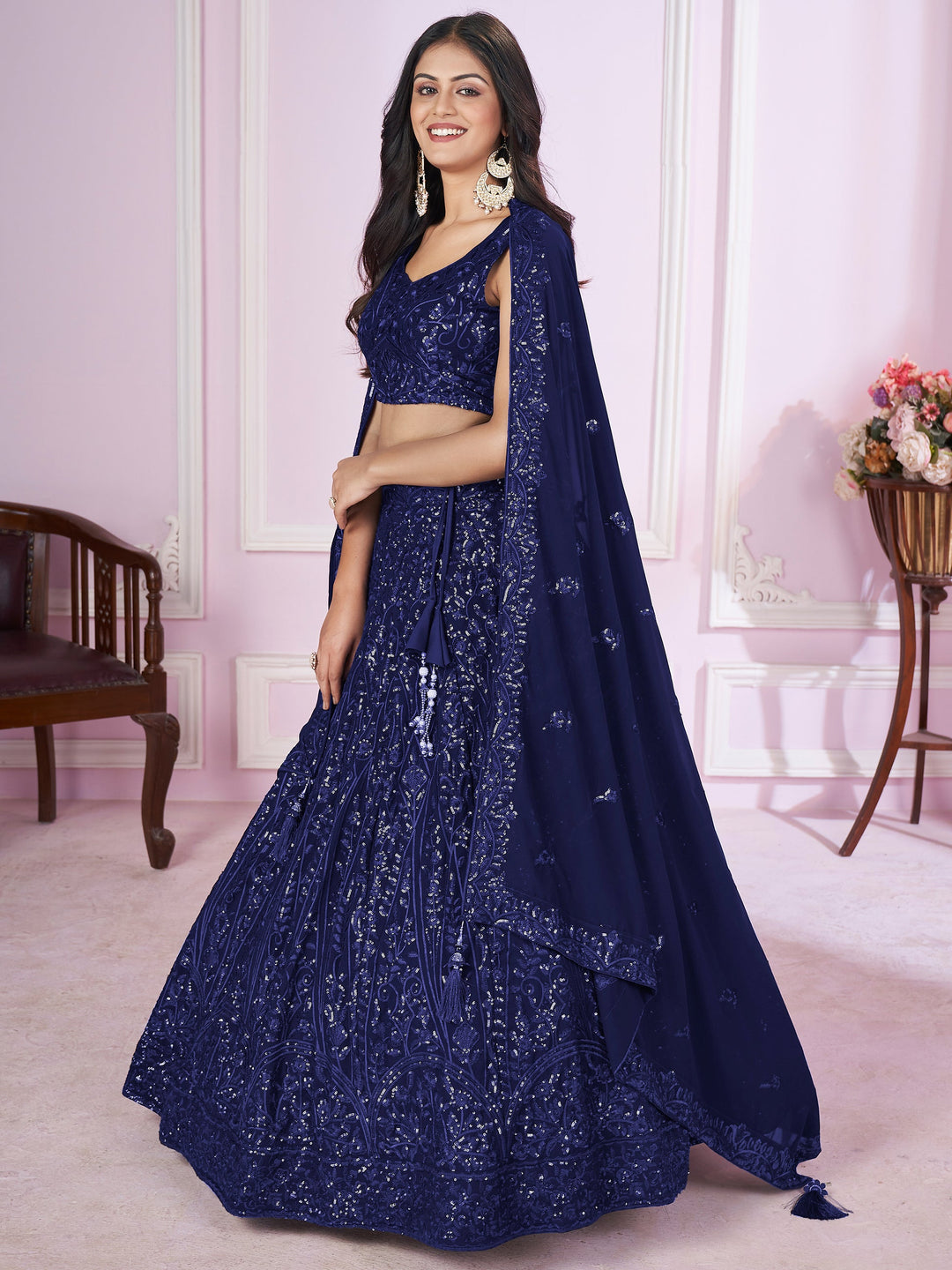 Blue Sequins Georgette Engagement Wear Lehenga Choli