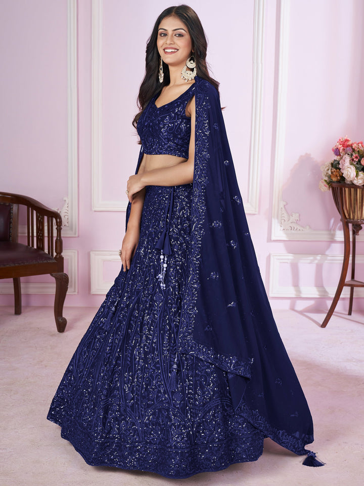 Blue Sequins Georgette Engagement Wear Lehenga Choli