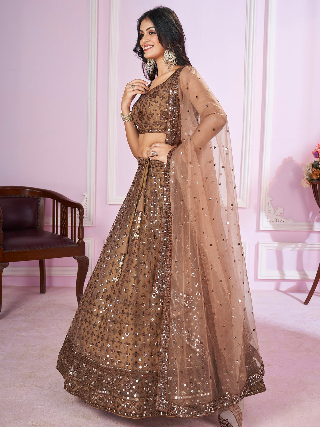 Sequins Net Bridesmaid Lehenga Choli With Dupatta