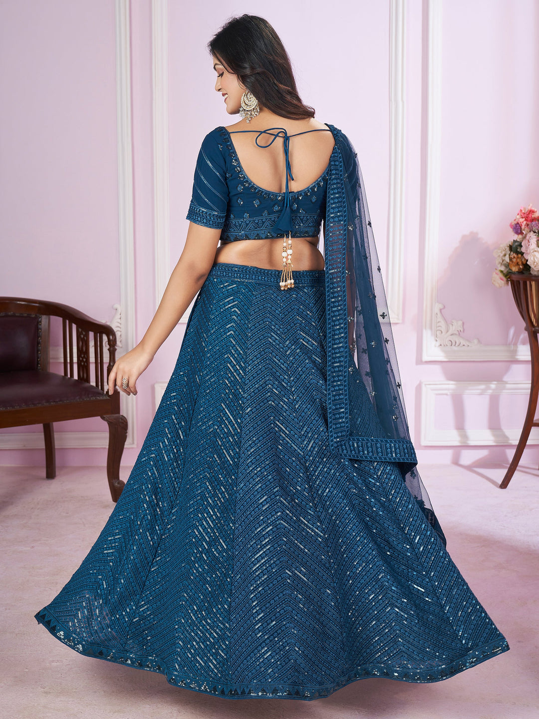 Teal Blue Sequins Georgette Designer Lehenga Choli