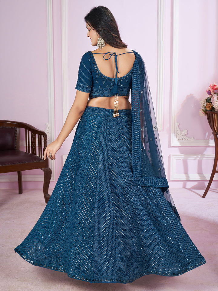 Teal Blue Sequins Georgette Designer Lehenga Choli