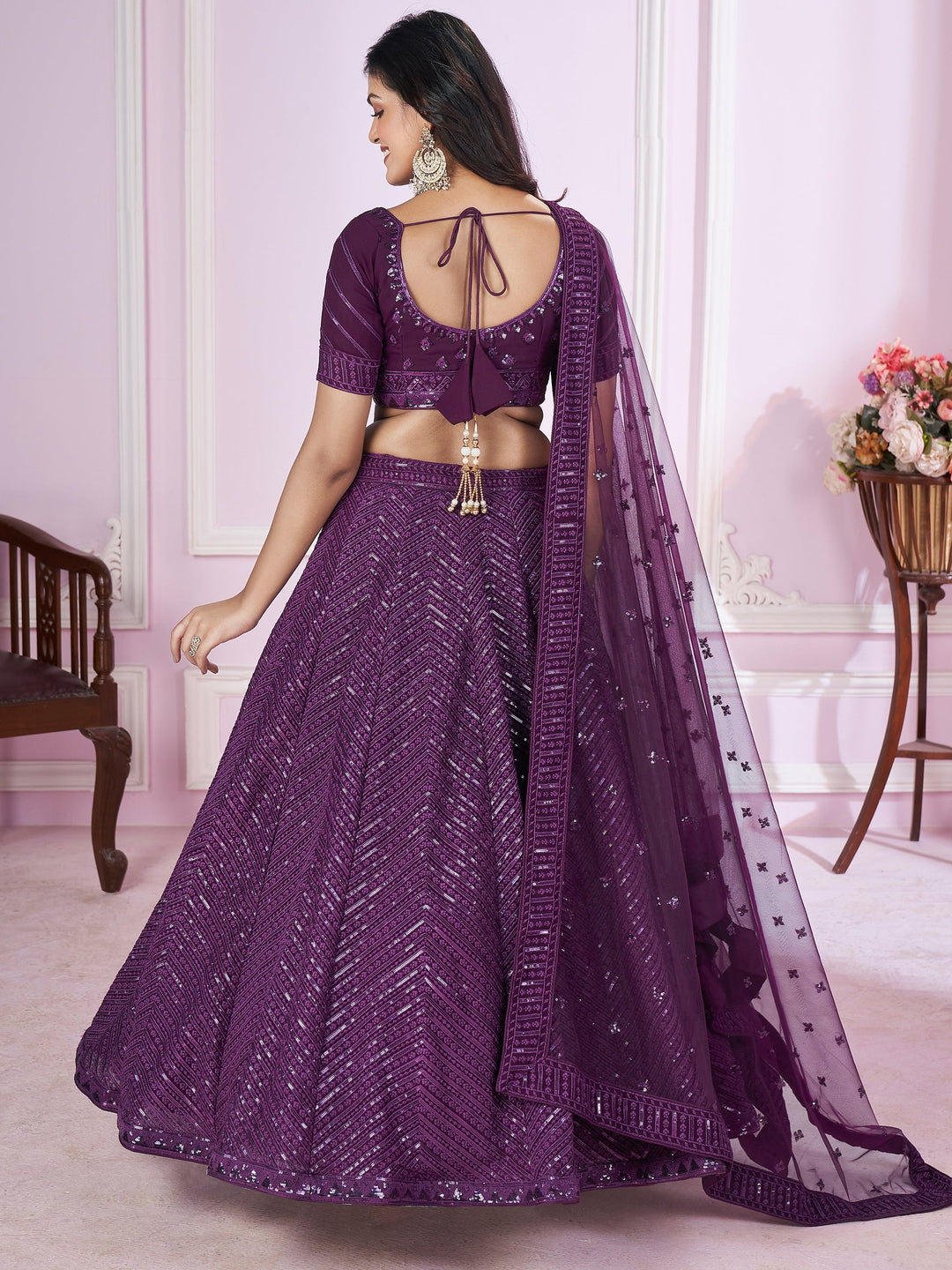 Purple Sequins Georgette Reception Wear Lehenga Choli