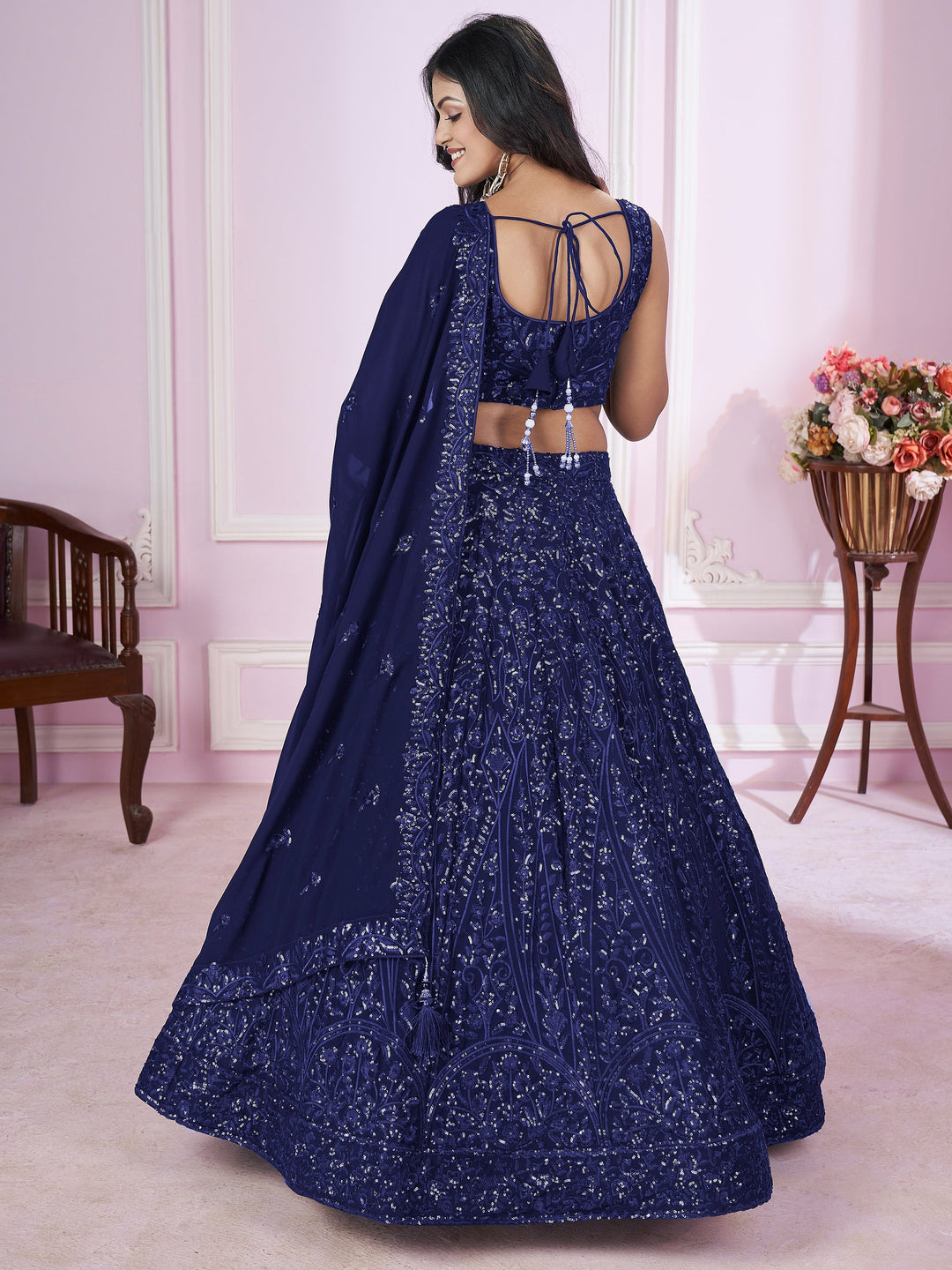 Blue Sequins Georgette Engagement Wear Lehenga Choli