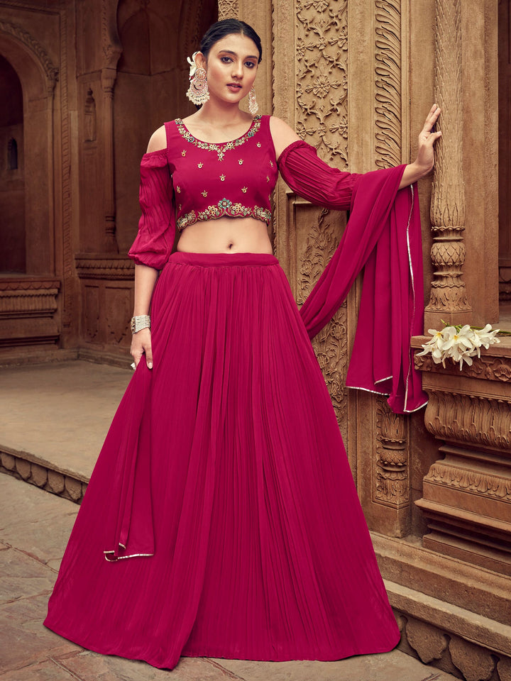 Rani Pink Embroidered Georgette Wedding Lehenga Choli
