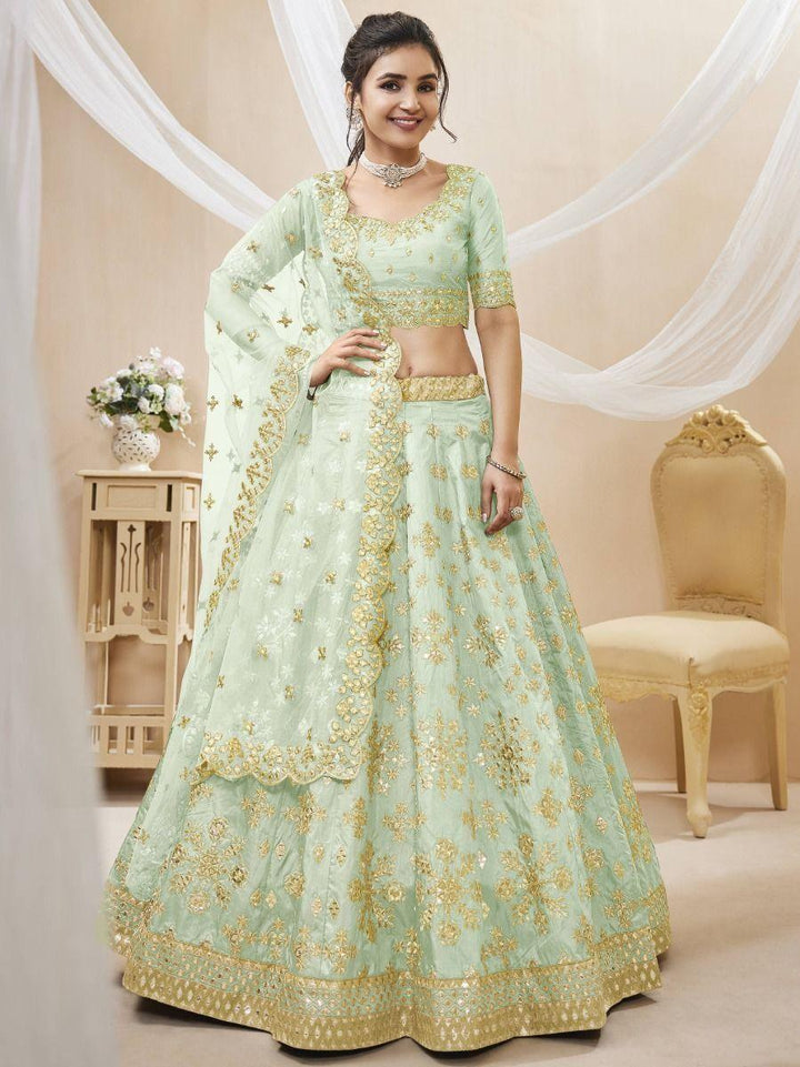 Pista Green Embroidered Art Silk Lehenga Choli