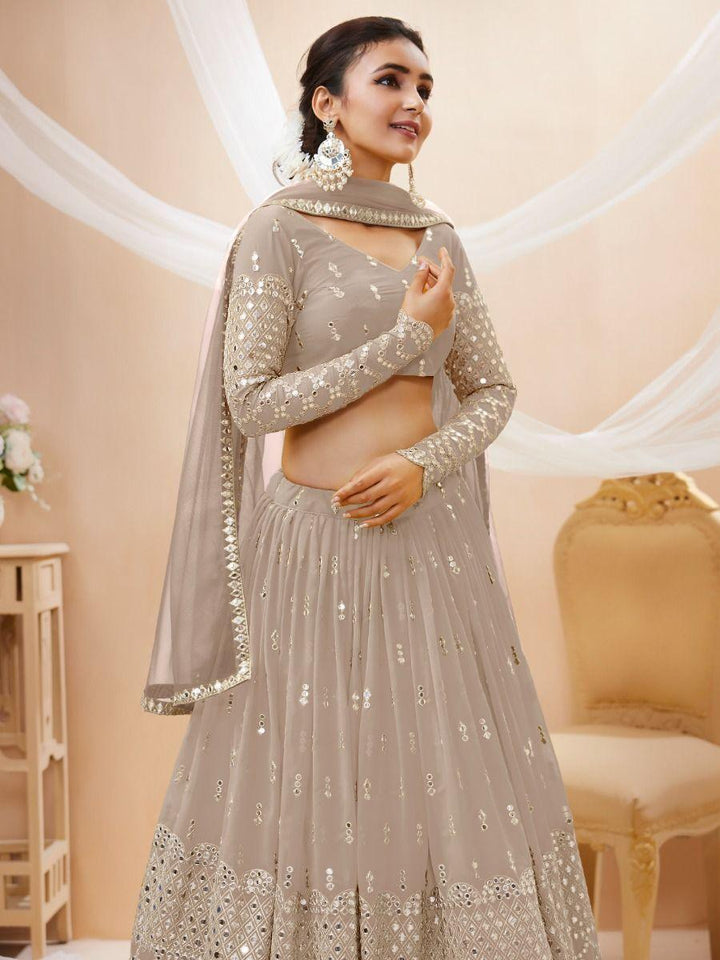 Fascinating Grey Sequins Georgette Reception Wear Lehenga Choli