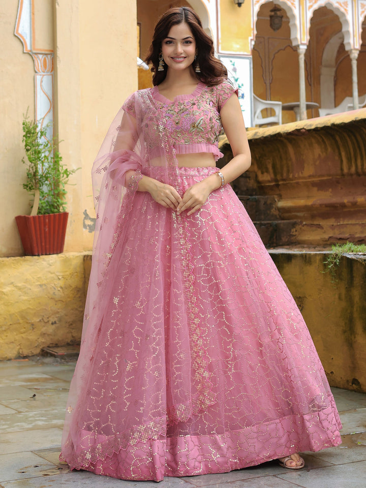 Pink Sequins Net Engagement Wear Lehenga Choli With Dupatta