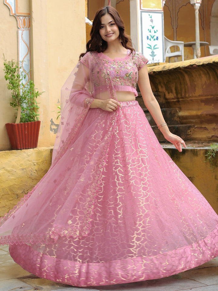 Pink Sequins Net Engagement Wear Lehenga Choli With Dupatta