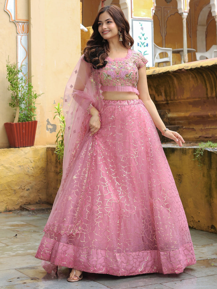 Pink Sequins Net Engagement Wear Lehenga Choli With Dupatta