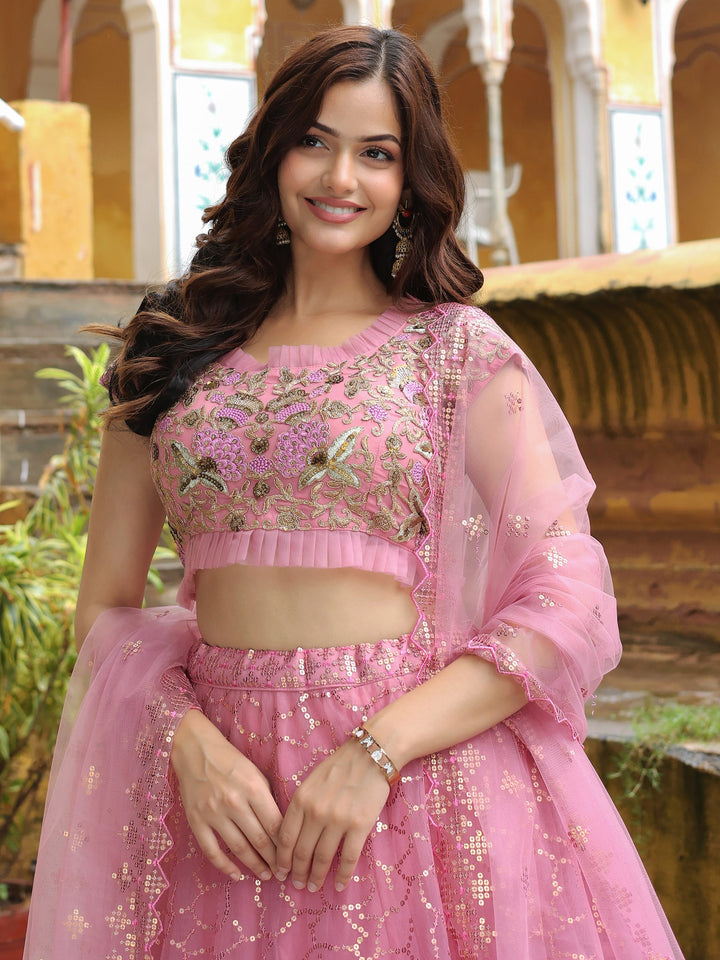 Pink Sequins Net Engagement Wear Lehenga Choli With Dupatta