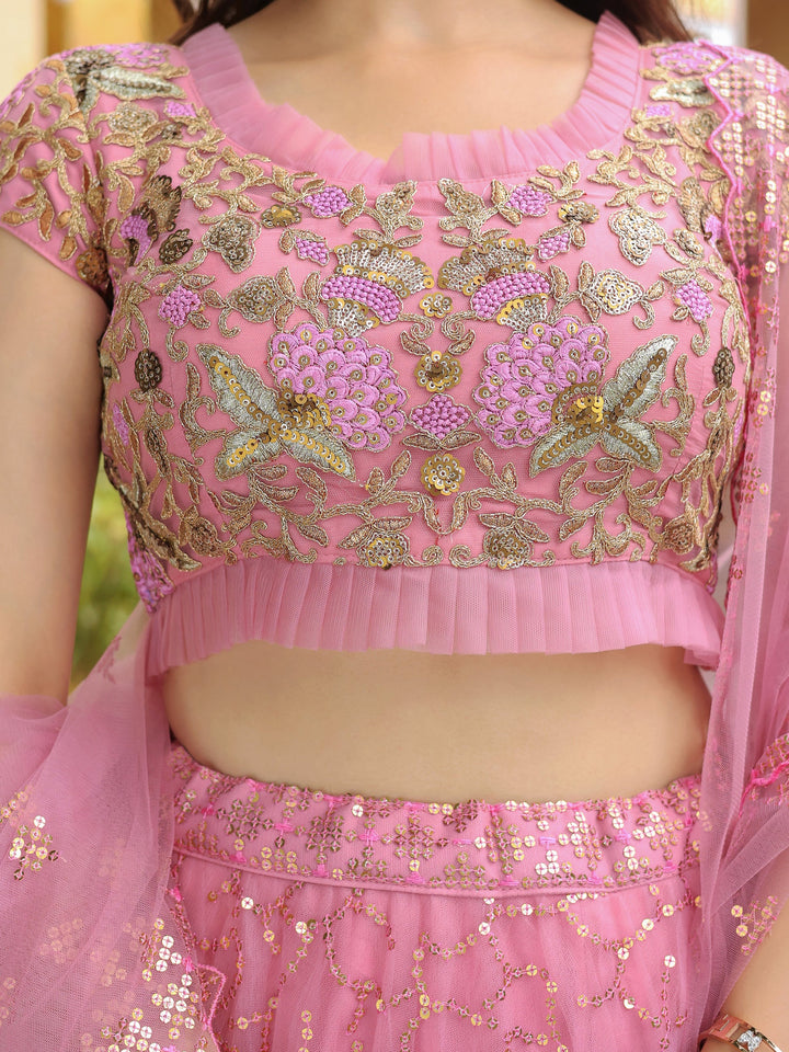 Pink Sequins Net Engagement Wear Lehenga Choli With Dupatta