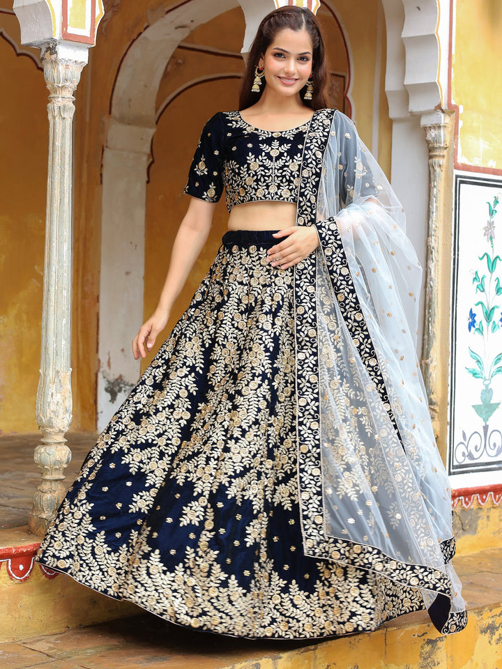 Navy Blue Embroidered Velvet Wedding Lehenga Choli