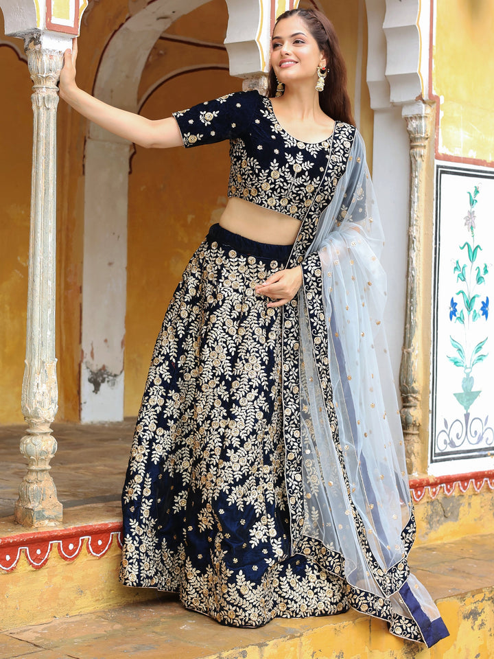 Navy Blue Embroidered Velvet Wedding Lehenga Choli