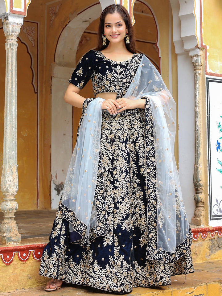 Navy Blue Embroidered Velvet Wedding Lehenga Choli
