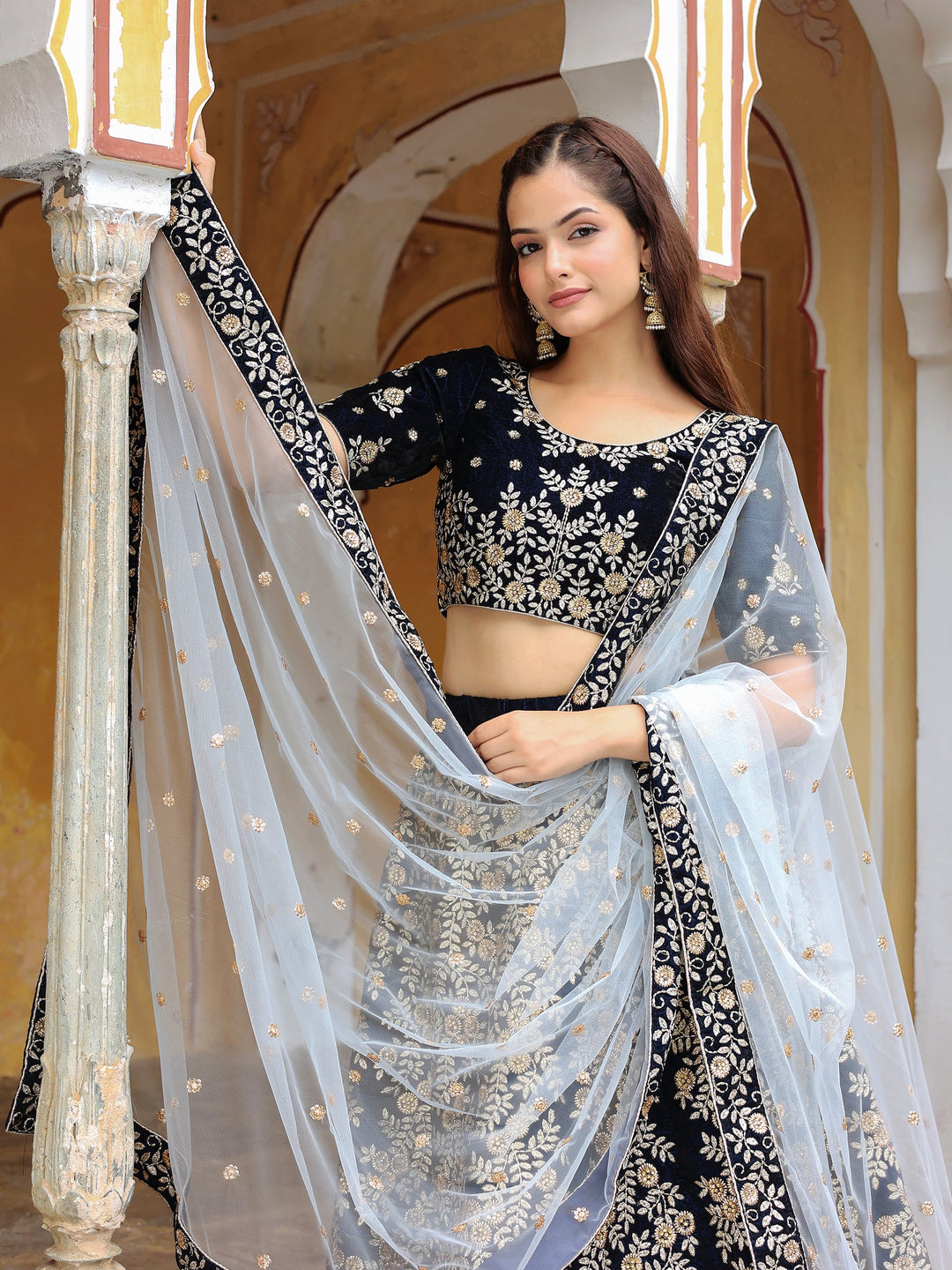 Navy Blue Embroidered Velvet Wedding Lehenga Choli