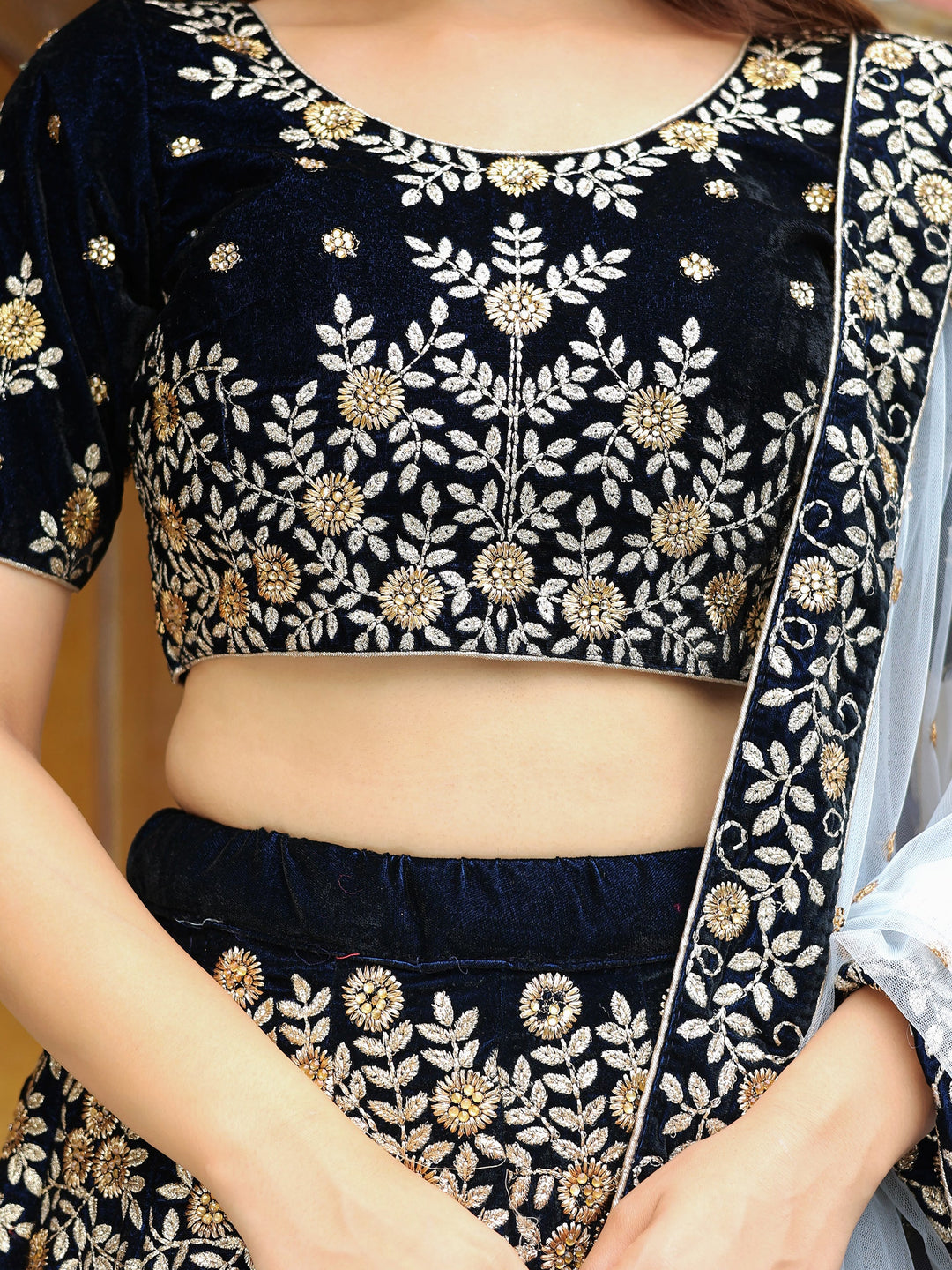 Navy Blue Embroidered Velvet Wedding Lehenga Choli