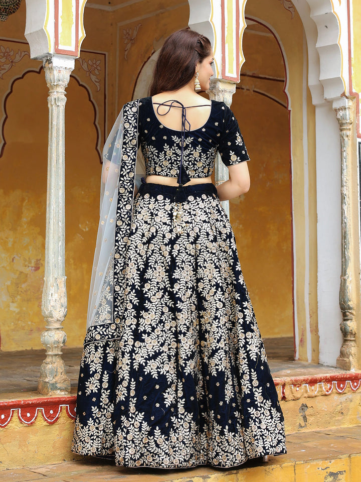 Navy Blue Embroidered Velvet Wedding Lehenga Choli