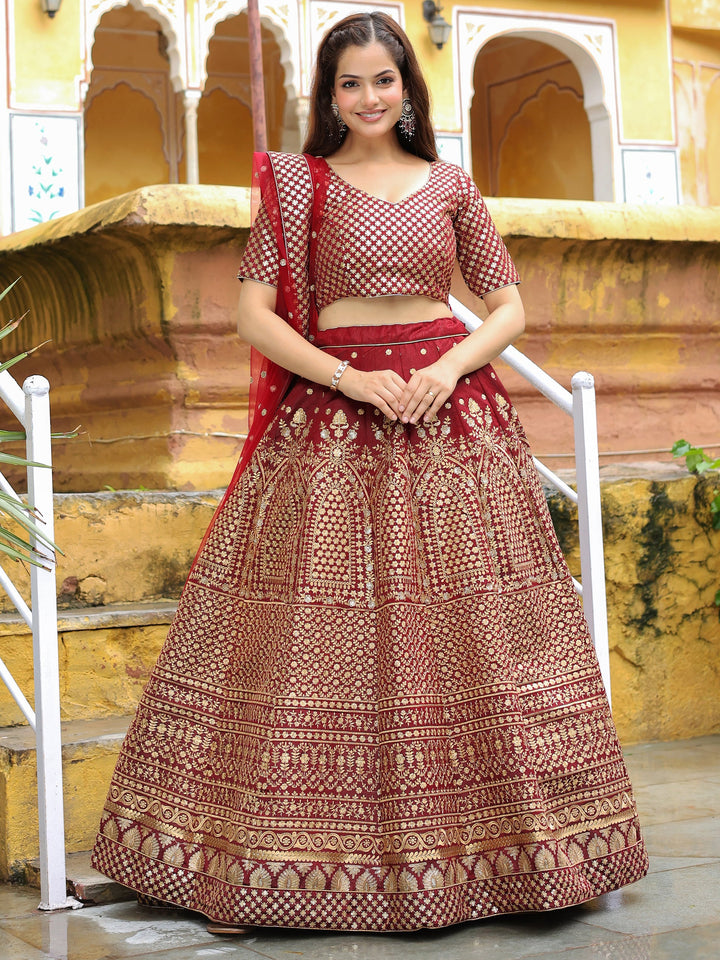 Maroon Sequins Raw Silk Bridal Lehenga Choli With Dupatta