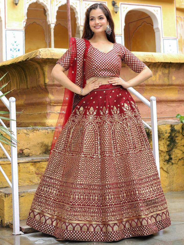 Maroon Sequins Raw Silk Bridal Lehenga Choli With Dupatta