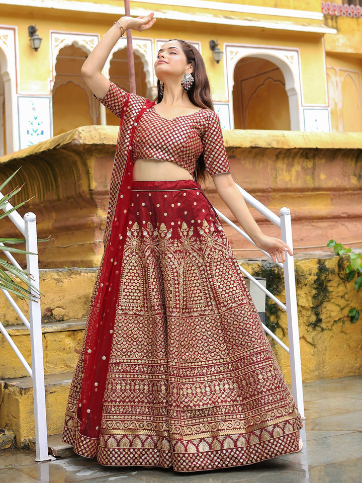 Maroon Sequins Raw Silk Bridal Lehenga Choli With Dupatta