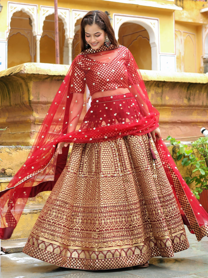 Maroon Sequins Raw Silk Bridal Lehenga Choli With Dupatta