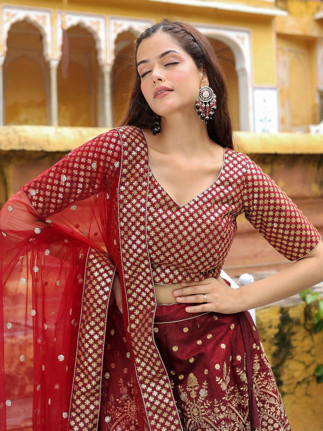 Maroon Sequins Raw Silk Bridal Lehenga Choli With Dupatta