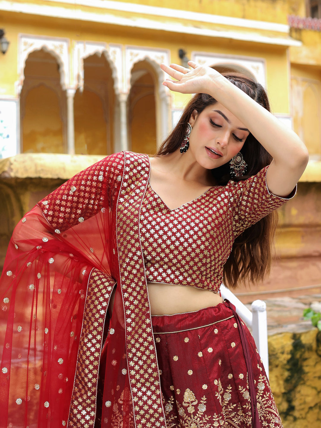Maroon Sequins Raw Silk Bridal Lehenga Choli With Dupatta