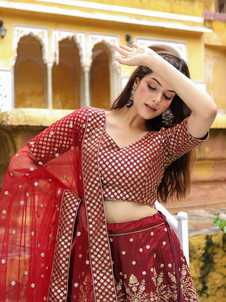 Maroon Sequins Raw Silk Bridal Lehenga Choli With Dupatta