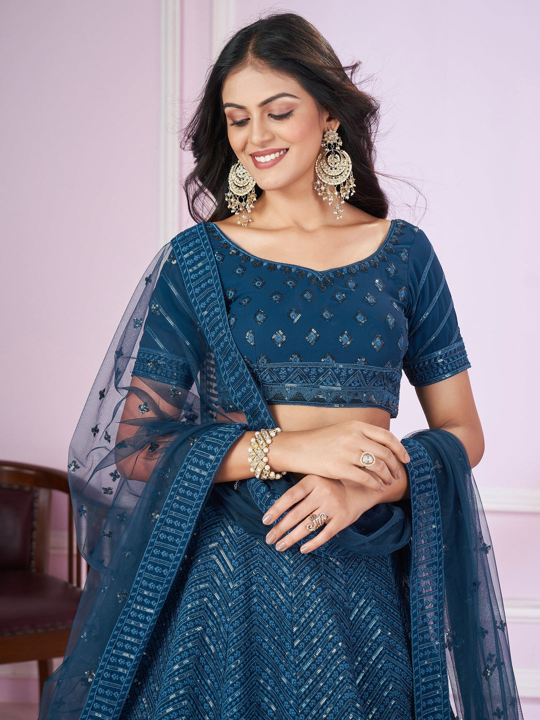 Teal Blue Sequins Georgette Designer Lehenga Choli