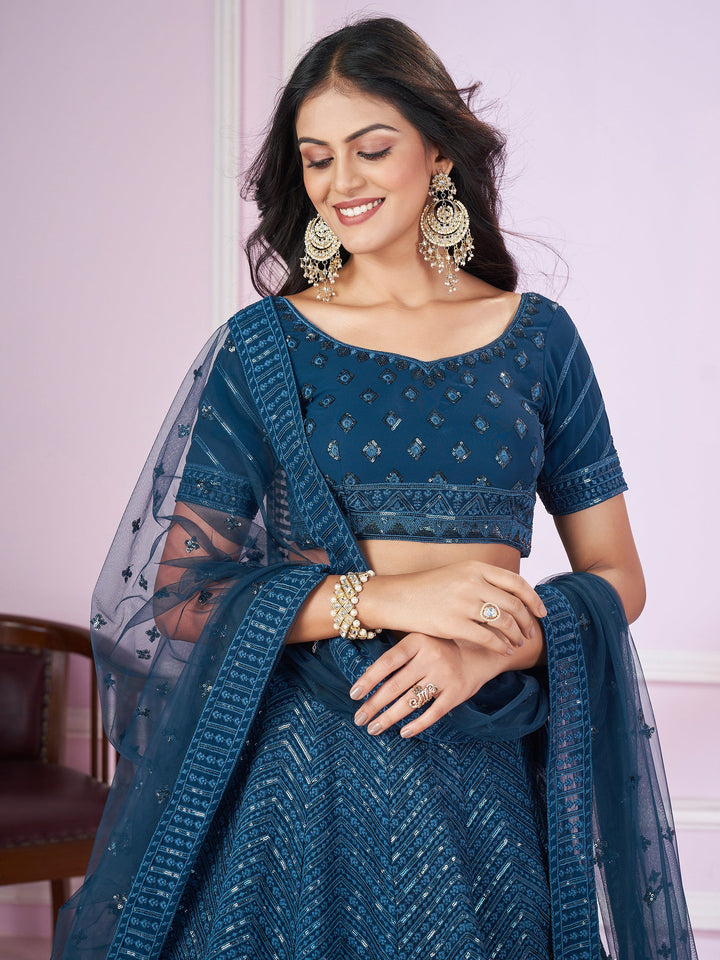 Teal Blue Sequins Georgette Designer Lehenga Choli