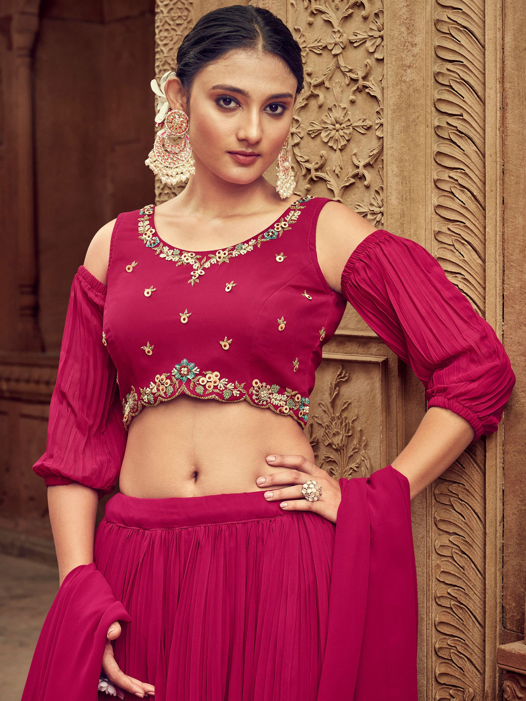 Rani Pink Embroidered Georgette Wedding Lehenga Choli