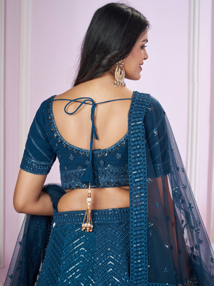 Teal Blue Sequins Georgette Designer Lehenga Choli