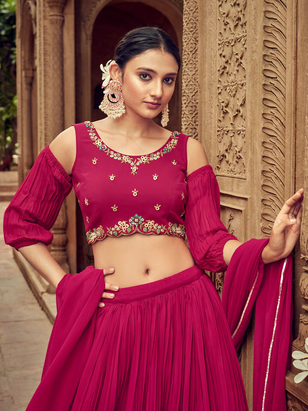 Rani Pink Embroidered Georgette Wedding Lehenga Choli