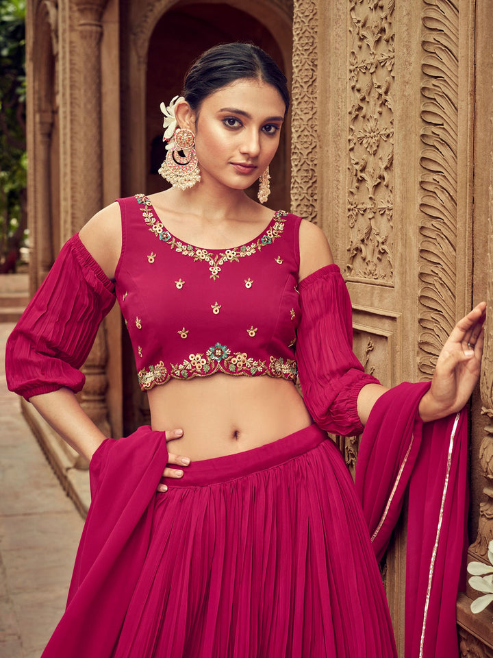 Rani Pink Embroidered Georgette Wedding Lehenga Choli